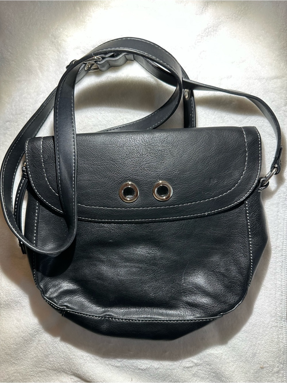 Nine West Black Leather Crossbody with Silver Eyelet Accents